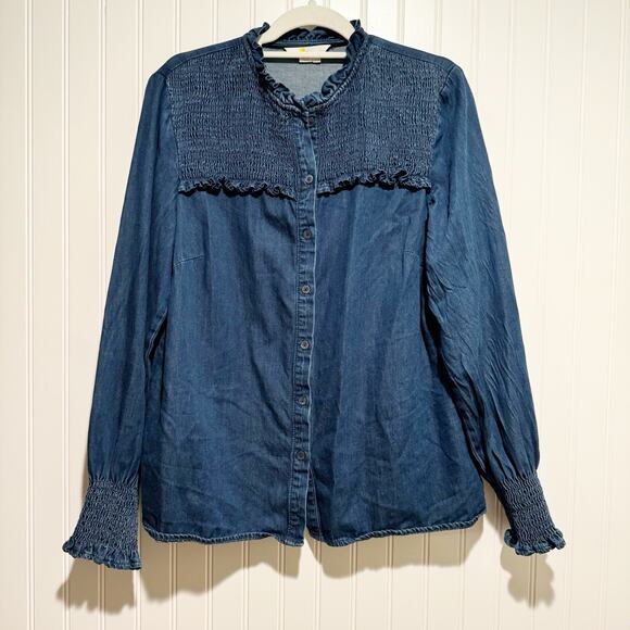 Boden Denim Smocked High Neck Blouse Size 10 - Picture 2 of 7